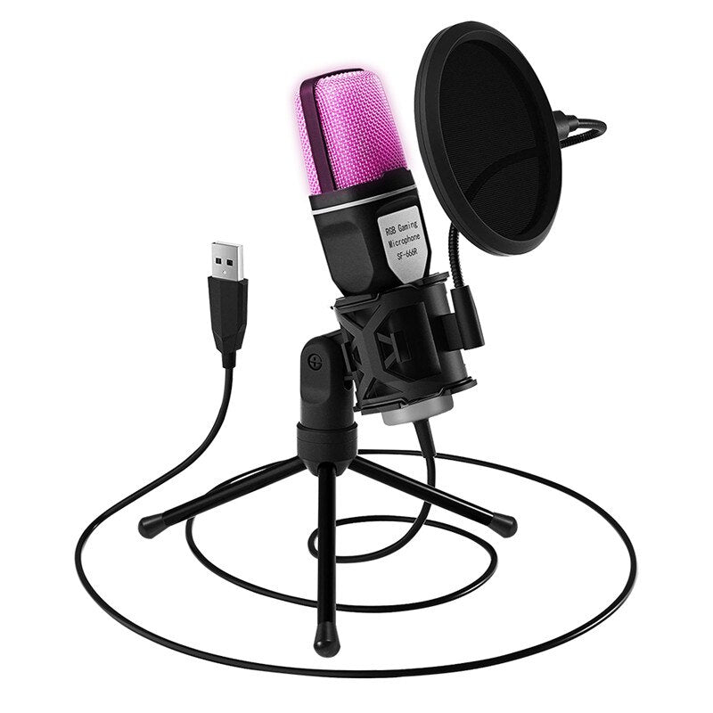 Microfone USB Condensador RGB para jogos para estúdio de gravação de podcast Streaming Laptop PC de mesa
